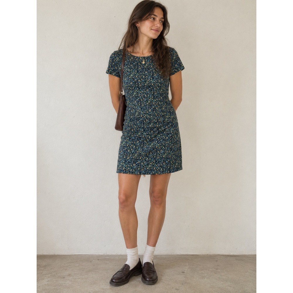 Toad&Co Womens XS Green Blue Floral Short Sleeve Pocket Mini Dress Gathered Back
